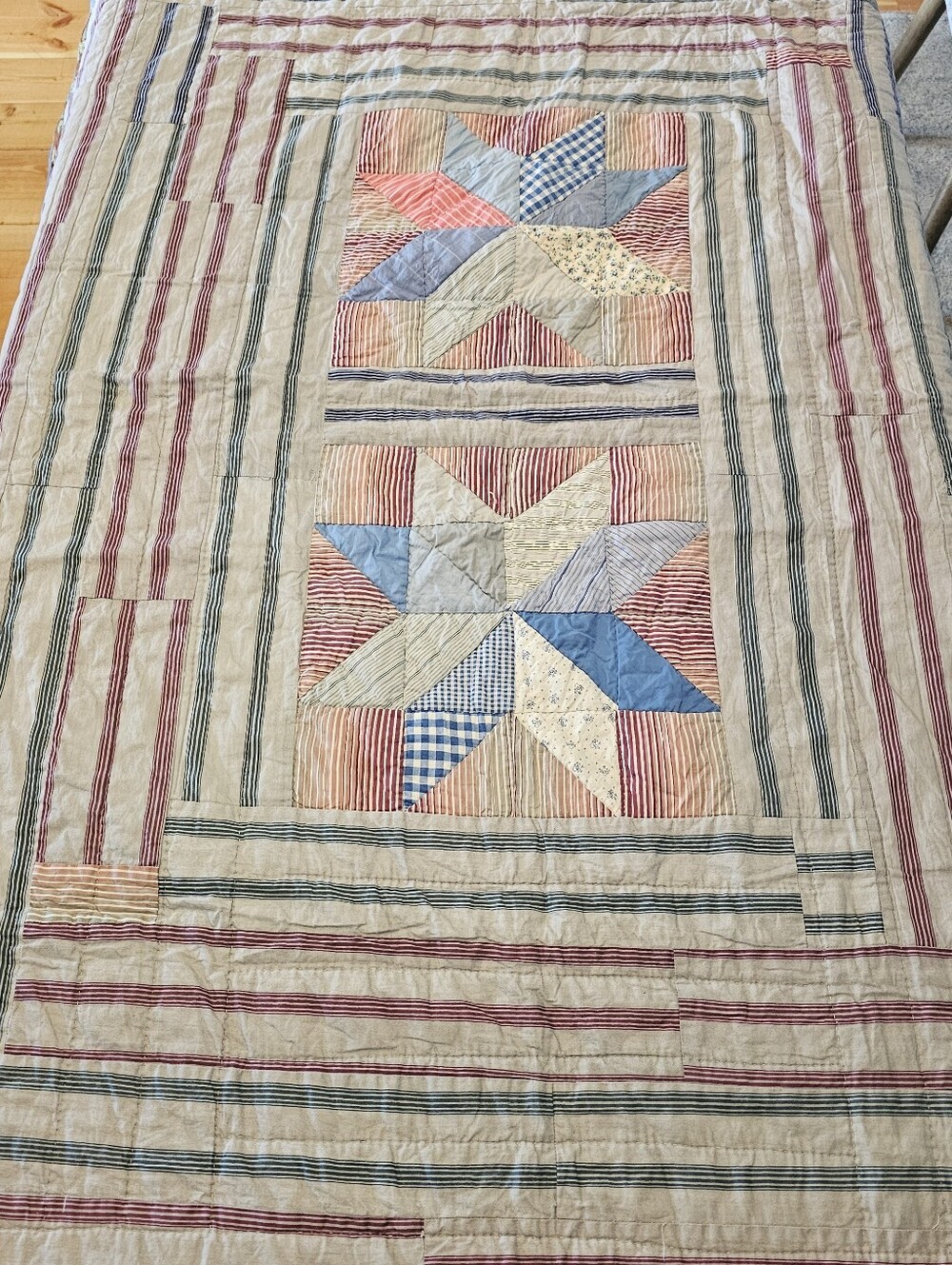 Handmade Patchwork Star Quilt in Cream, Blue & Red